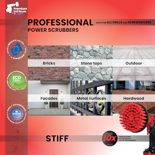 Premium Drill Brush Professional – Stiff 5 in Red | Scratch-Free Outdoor Cleaning Brush for Patio Bricks, Decking, Garden Tools, Lawn Mowers, Bicycles, Car Wheels, Pool Tiles and Boat Hulls - color: Red