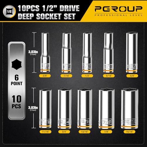 10PCS 1/2” Drive Deep Socket Set, SAE (3/8"-15/16"), 6-Point, Cr-V Steel, Chrome Plated Socket With Hanging Bracket, Cover Most Commonly Sizes - size: 1/2"SAE (3/8"-15/16")