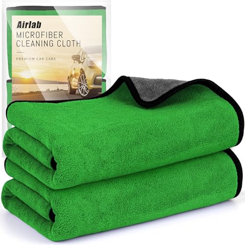 Airlab Microfiber Towels for Cars Wash Drying Thick Plush Cleaning Cloth Auto Detailing Super Absorbent for Interior & Exterior Lint Free, Streak Free, 35 x 24 Inch, 500 GSM, Pack of 2, Grey-Green - color: 35 X 24 Inch, Pack of 2, Green-grey, 500 Gsm