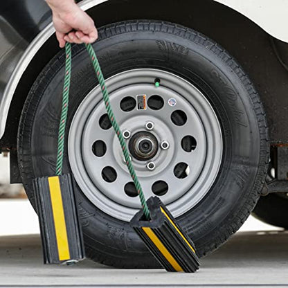 Buyers Products WC24483 Heavy Duty Wheel Chock Set, 4x4x8 Rubber Wheel Chocks with 36 Inch Nylon Rope, Rust & Chemical Proof, Reflective Tape, for Trucks, Utility Vehicles, Ground Support Equipment