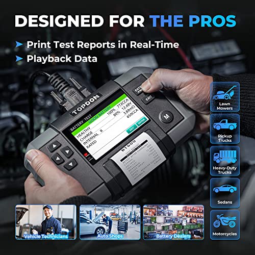 Car Battery Tester, TOPDON BT600 12V, 12V/24V Cranking Tests and Charging Alternator Load 100-2000CCA Digital Battery Voltage Tester, 3.5" Screen with Built-in Printer