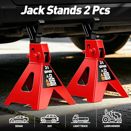 DNA Motoring 1 Pair Jack Stands, 2 Ton (4400 lbs) Capacity Car Lifting Stand, Adjustable Height Car Jack Stands for Cars, Sedans, Small Vehicles, SUV, TOOLS-00681-RD - style: 2 Ton Red