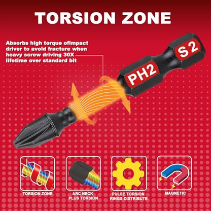 Geinxurn Impact Tough #2 Phillips 2 in. Insert Driver Bits,50Pack PH2 Screwdriver Bits Set with 1Pcs Impact Bit Holder,Bulk - size: 2"-PH2-51PCS