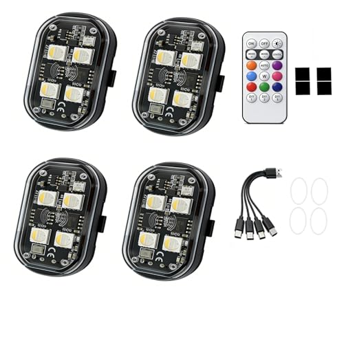 Upgraded 4PCS 4Leds RGB Wireless Led Lights for Car with Remote, 8-Color High Brightness Strobe Lights Type-C Rechargeable Anti-Collision Warning Light for Car, Motorcycle, Bike, Drone - size: 4