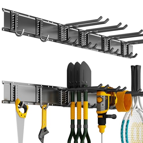 Tool Organizer Wall Mount, 32inch Heavy Duty Garden Tool organizer Storage System, Easy Install With 6 Adjustable Hooks, For Garage, Basement, Shed, Workshop(Black) - size: 32inch+6Hooks
