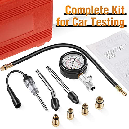 9 Pieces Automotive Compression Tester Kit and Spark Plug Tester, Universal Car and Motorcycle Engine Testing Tools for Cylinder Pressure Gauge (Red) - color: Red