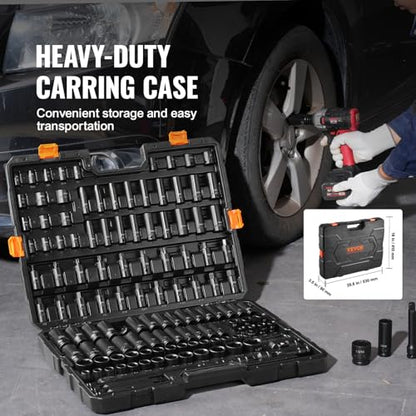 VEVOR Impact Socket Set 130 Piece 3/8" & 1/2" - SAE & Metric Drive Socket Set - 6 Point Cr-Mo Alloy Steel for Auto Repair - Easy-to-Read Size Markings - Includes Storage Case - style: 1/2" & 3/8" 130PCS CR-MO