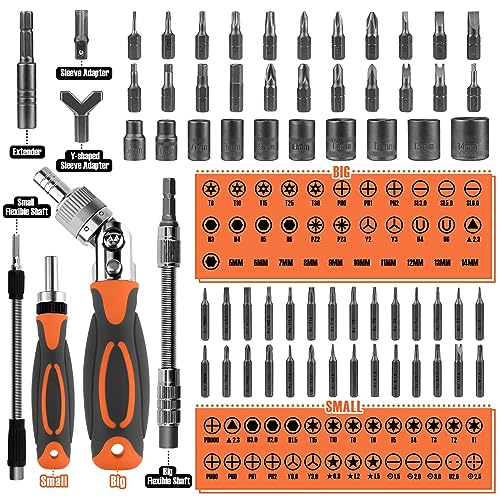 Ratcheting Screwdriver Set - BTEC 68 in 1 Socket Set & Magnetic Screwdriver Bit Set with Rotatable Ratchet Handles,extensions bar and Storage Case for Computer/Bike/Car/Electronics Maintenance