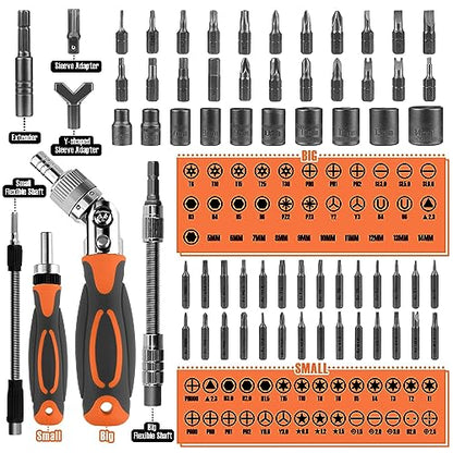Ratcheting Screwdriver Set - BTEC 68 in 1 Socket Set & Magnetic Screwdriver Bit Set with Rotatable Ratchet Handles,extensions bar and Storage Case for Computer/Bike/Car/Electronics Maintenance
