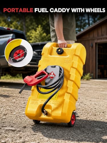 15 Gallon Gas Can, Fuel Tank Container with Fluid Transfer Manual Siphon Pump & 10FT Hose, Portable Diesel Gas Storage Caddy with Wheels for Car, ATV, Weeder, Boat - color: Yellow