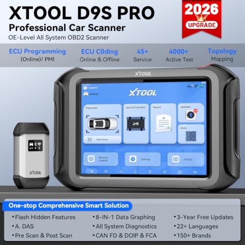 XTOOL Scanner D9S PRO with ECU Pr0gramming/C0ding: 2026 AI-Assisted OE Level Full System Scan Tool, Automotive Scanner with Bidirectional, Topology Map, 45+ Services, FCA/DoIP/CAN FD, 3-Yr Update