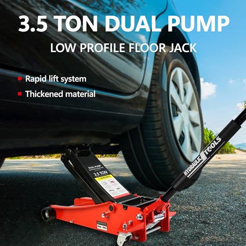3.5T Low Profile Steel Floor Jack, 7000 lb, Dual Pump, 4"-21" Lift, Red | Heavy-duty steel, dual-piston quick lift, low profile, 4"-21" range, overload safety protection. - size: 3.5T Dual Pump 4"-21"(Red)