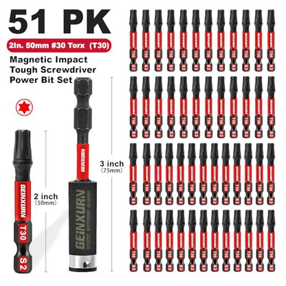 Geinxurn 51 Pieces T30 Impact Tough Magnetic Screwdriver Bit Set, 1 In. #30 Torx Head Power Bit Set, S2 Alloy Steel T30 Star Bit with 1Pcs Impact Bit Holder - size: 2"-51PCS, style: T30