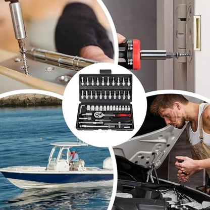 Ratchet Wrench Kit – 3/8 Drive Wrench Set, Marine Electric Tool, 46-Piece Mechanic Kit | Professional Automotive, Workshop, DIY and Boat Repair Equipment - color: Black
