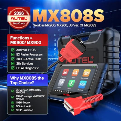 Autel Scanner MaxiCheck MX808S, 2026 Bidirectional OBD2 Scan Tool US Ver. of MaxiCOM MK808S MK808Z, 3000+ Active Test 11OS as MK900 MK900BT MX900, 28+ Service for 200+ Brands, OE All Diagnostic, FCA