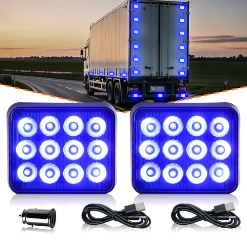 2PCS Rechargeable Flashing Lights 12-LED Blue Beacon Strobe Lights | Battery Powered Warning Emergency Caution Lights, Magnetic Strobe Lights for Trucks Vehicles Trailers Car ATV Van RV SUV - color: Blue