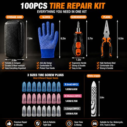 100PCS tire Repair Rubber Nail kit,Fix Without Tire Removal,Three Sizes tire Screw Plugs Tread Repair for Car,Truck,Motorcycle,SUV,Includes Tools Portable Case.