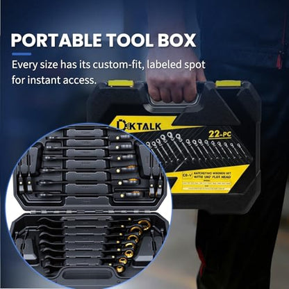 22-Piece Ratcheting Wrench Set with 180° Flex Head & Anti-Slip Design, Metric (6-18mm) and SAE (1/4-3/4") Combination Wrench Set, Professional Grade Chrome Vanadium Steel with Organizer Box