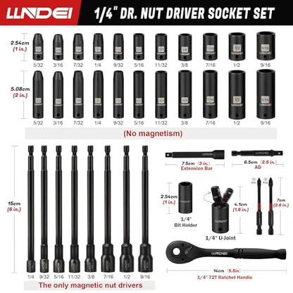 LLNDEI 1/4" Drive Socket Set & Nut Driver Set 38PCS,1/4-Inch Sockets Deep&Shallow SAE 5/32" to 9/16" with Ratchet, Hex Shank 6" Long Nut Drivers(1/4" to 9/16") for Drill Bits(PH1 PH2) - size: 38PCS SAE