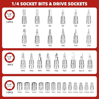Socket Set, 46 PCS 1/4 Inch Drive Socket Wrench Set, Ratchet Wreches Set with Bit Socket Set Metric & Extension Bar for Auto Repairing and Household, with Storage case