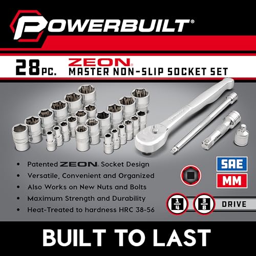 Powerbuilt 28-Piece Zeon Socket Set, SAE & Metric Rounded Fastener Grip Sockets with XT90 90-Tooth Ratchet, Extensions & Storage Tray - 941763 - size: Metric and SAE