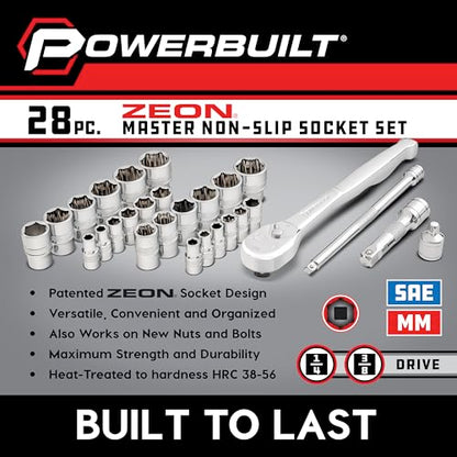 Powerbuilt 28-Piece Zeon Socket Set, SAE & Metric Rounded Fastener Grip Sockets with XT90 90-Tooth Ratchet, Extensions & Storage Tray - 941763 - size: Metric and SAE