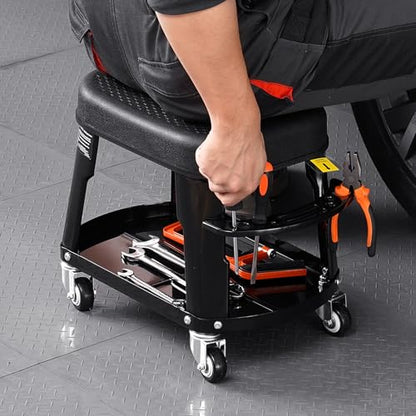 VEVOR Mechanic Stool, 300 lbs Capacity, Black, Industrial Style, Plastic Seat, Wheels, 360 Swivel, Tool Tray, Screwdriver Rack - color: Black