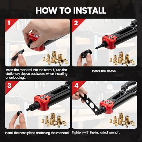 Rivet Nut Tool, 16" Heavy Duty Rivnut Tool Kit with 12PCS Metric/SAE Mandrels, 230PCS Rivet Nuts, Wrench, Gloves and Carrying Case, Auto Release Nut Design for Automotive, Construction & DIY - size: With 12 Mandrels & 230 Nuts