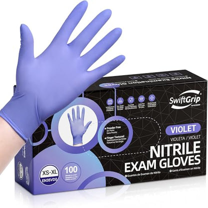 SwiftGrip Disposable Nitrile Exam Gloves, 3mil, XS, Box of 100, Violet Nitrile Gloves Disposable Latex Free for Medical, Cleaning, Cooking & Esthetician, Food-Safe, Powder-Free, Purple, Non-Sterile - size: X-Small