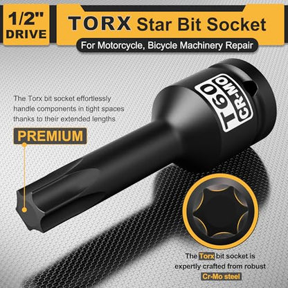 1/2" Drive T60 Torx Bit Socket, Star Bit Socket, CR-MO Steel, Motorcycle, Bicycle Machinery Repair - size: 1/2" T60 Deep