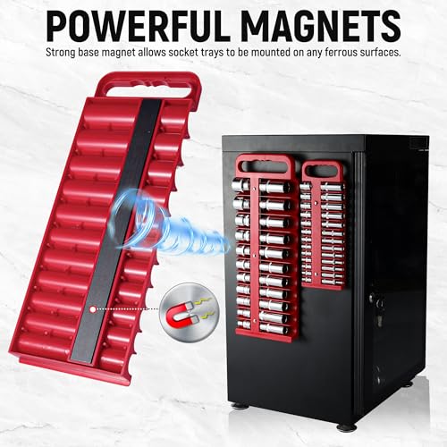 Reniteco Magnetic Socket Organizer Set, 3 Pcs Blue Portable Heavy Duty Socket Rail Set: 1/4-Inch x 22 Pallets, 3/8-Inch x 28 Pallets, 1/2-Inch x 26 Pallets, Hold 76 Sockets - Fit Shallow&Deep Sockets - color: Red