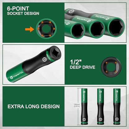 1/2" Extra Long Lug Nut Socket Set, 6Pcs Metric 17 19 21 mm | Non-Marring Wheel Protector, Impact Deep Socket Set, CR-MO Steel & 6-Point, Thin Wall 150mm, 3 Protective Covers, for Tire - size: 6 PCS(Metric)