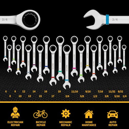 GRENPRO Ratcheting Wrench Set, 23PCS Combination Wrench Sets, Wrench Set Metric and Standard & SAE, 6-18mm & 1/4" to 3/4" with Color Ring, Ratchet Set With Roll Up Pouch, CRV Socket Mechanic Tool Sets - style: 23PCS Ratcheting Wrench Set Metric&SAE With C