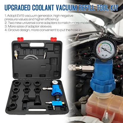 Coolant Vacuum Refill Kit Pressure Vacuum Tester Cooling System Purge and Fill Tool with 10 Adapters 35mm 40mm 45mm 55mm for SUV Truck