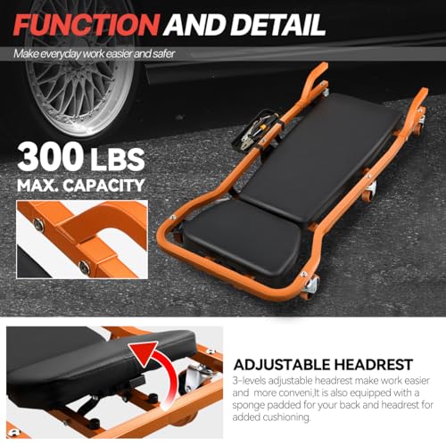 Mechanic Creeper, Low Profile Under Car Rolling Creeper with Padded Headrest and 3 Swivel Casters, 300 LBS Weight Capacity, 42" L x 18" W, Orange