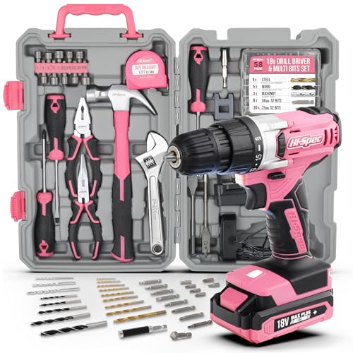 Hi-Spec Cordless Drill Tool Set: Pink Power Drill for Women used for DIY, Building and Fixing Tasks Easy to use All In One Set in Pink Color Stored in a Case 81 Pieces - color: Pink, size: 81PCS