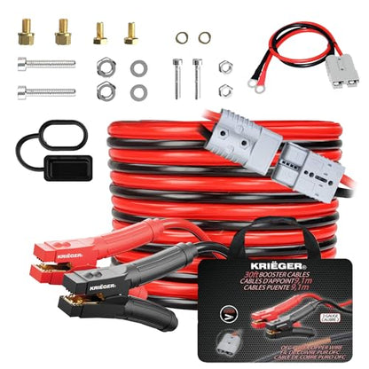KRIEGER Jumper Cables 100% Pure Copper, 30 Feet, 2 Gauge, 1000 Amp Custom-Made Alligator Clamps, Booster Battery Cables w/Permanent Installation Kit & Quick Connect Plugs - Carrying Bag Included - size: 30-Feet (2-Gauge)