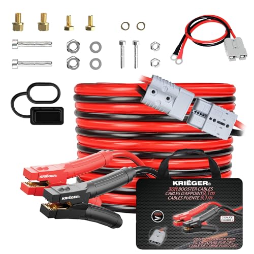KRIEGER Jumper Cables 100% Pure Copper, 30 Feet, 2 Gauge, 1000 Amp Custom-Made Alligator Clamps, Booster Battery Cables w/Permanent Installation Kit & Quick Connect Plugs - Carrying Bag Included - size: 30-Feet (2-Gauge)