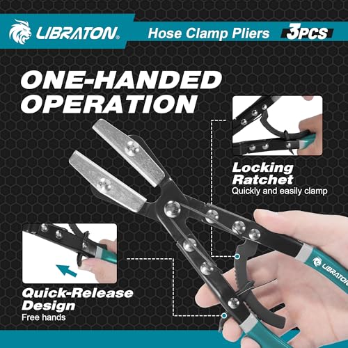 LIBRATON Hose Clamp Pliers, 3PCS Ratchet Hose Pliers, Hose Pinch Pliers Automotive, Hose Clamp Tool, Ratcheting Hose Pinch Off Pliers for Fuel, Flexible, Radiator Hose, with Storage Bag, 8" 10" 12" - style: Metal Pilers