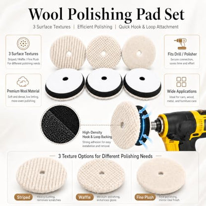 6 Inch Wool Buffing Pads, 3PCS Wool Cutting & Polishing Pad Kit for DA Polisher, Low Lint Paint Correction Pads