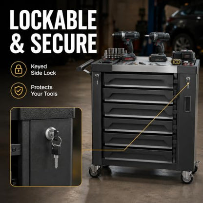 7-Drawer Rolling Tool Chest, Tool Box Lockable Metal Tool Cabinet with Side Storage Cabinet, Ball Bearing Slides Steel Organizer,Heavy-Duty Powder-Coated Tool Cart for Garage Workshope, Black - size: 7 Drawers- Black