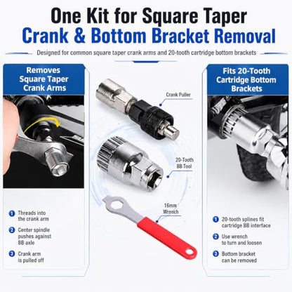Bike Crank Puller Tool, Bicycle Crank with Bottom Bracket Removal Tool | Square Taper Crank Remover with 20-Tooth Bottom Bracket Removal Tool and 16mm Spanner for MTB, Road Bike