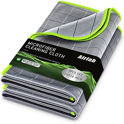 Airlab Carbon Microfiber Towels for Car Glass Window Polishing Cleaning Cloth Auto Detailing Lint Free Streak Free Drying Car Wash Large Towel, Pack of 2, 20" x 16", Grey-Green - color: 20 X 16 Inch, Pack of 2, Grey-green