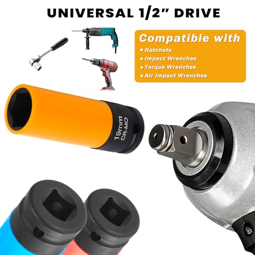 5Pcs Lug Nut Socket Set, 1/2" Drive Metric 17mm 19mm 21mm 22mm | Include Benz Convex Flower Head Bolt, Thin Wall Deep Socket Set with Non-Marring Wheel Protectors Automotive Wheel Nut Socket - color: 5pcs