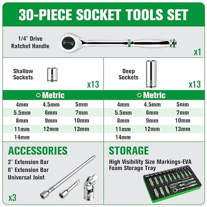 SK 1/4" Drive Socket Set with 160-P Ratchet, 30-Piece Metric Sockets | SuperKrome Finish, Premium CR-V Steel, Heat Treated, with EVA Foam Tool Organizer - size: 30PC