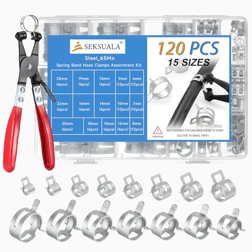 120Pcs 1/4" to 1" (6-25mm) Spring Band Hose Clamps Assortment Kit with Swivel Flat Hose Clamp Plier, SEKSUALA Constant Tension Steel Clamps for Fuel Lines, Silicone,Vacuum Hoses (Grey) - size: Grey-120Pcs-15Size(6-25mm)