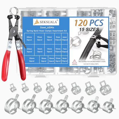 120Pcs 1/4" to 1" (6-25mm) Spring Band Hose Clamps Assortment Kit with Swivel Flat Hose Clamp Plier, SEKSUALA Constant Tension Steel Clamps for Fuel Lines, Silicone,Vacuum Hoses (Grey) - size: Grey-120Pcs-15Size(6-25mm)