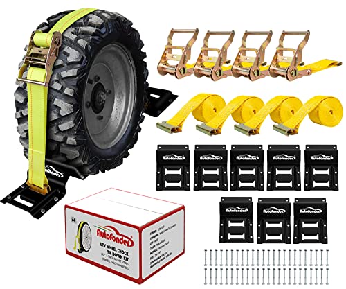 Wheel Chock Tie Down Kit (4,500lb Break Strength) Heavy Duty Trailer Tire Straps System for ATV, UTV, Lawn Mower & More - Ratchet Tie Downs Accessories with E Track for Four Wheeler - color: Yellow