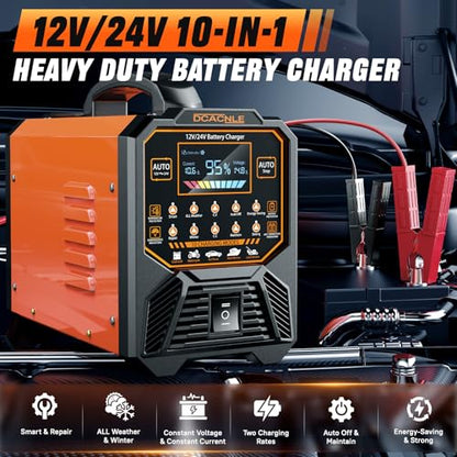 DCACNLE 12V/24V 0-15A Car Battery Charger Heavy Duty, Smart Trickle Charger | Automatic Maintaine, Desulfator with Overcharge Protection & Auto Shutoffs,Suitable for Various Vehicles&Lead Acid Batteries