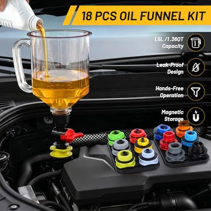 18Pcs Oil Funnel Kit, 1.59QT/1.5L Automotive Oil Funnel Set with 12 Adapters, Elbow Fitting, Arrow Screen and Magnetic Storage Hooks Tray, Compatible with BMW, Audi, GM, Ford Land Rover Etc